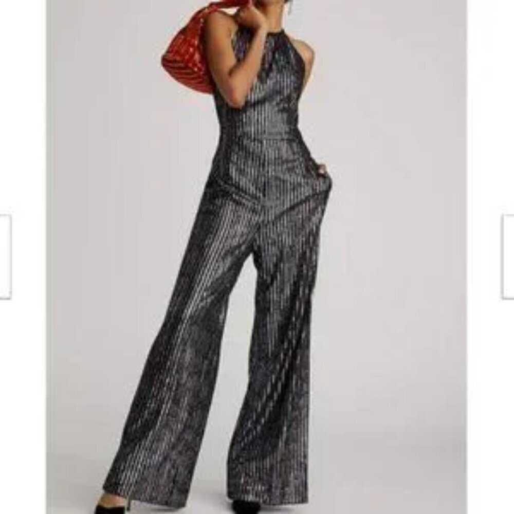 Maeve Anthropologie Metallic Striped Sequin Halter Wide Leg Jumpsuit Black‎ 12